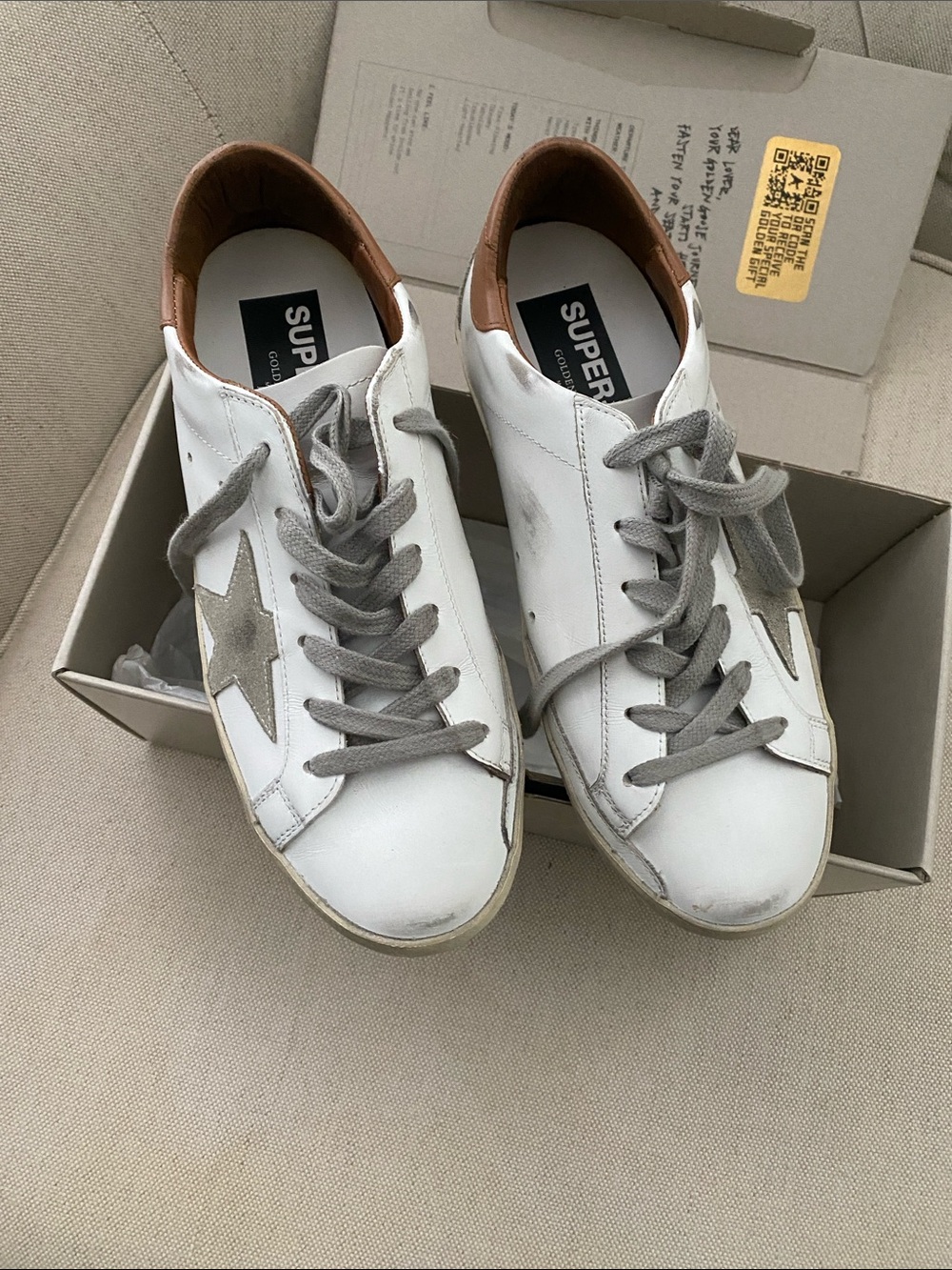 Golden Goose White Leather Sneakers with Gray Star and Tan Heel